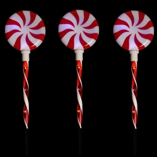 Outlet Set of 3 Lighted LED Peppermint Candy Christmas Pathway Markers 26" Lawn Stakes