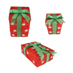 Outlet Set of 3 Lighted Red with Green Bows and Snowflakes Gift Boxes Outdoor Christmas Decorations 13" Gifts & Bows