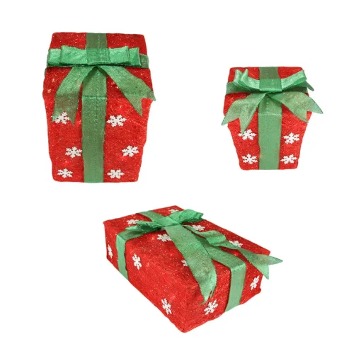 Outlet Set of 3 Lighted Red with Green Bows and Snowflakes Gift Boxes Outdoor Christmas Decorations 13" Gifts & Bows