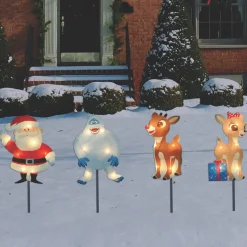 Hot Set of 4 Lighted Rudolph and Friends Christmas Pathway Markers - Clear Lights Lawn Stakes