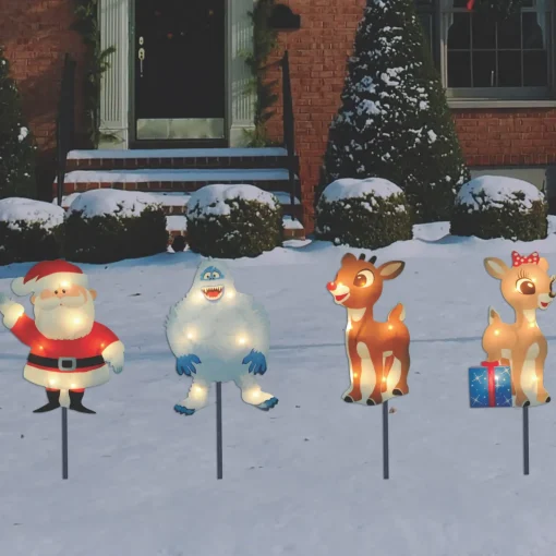 Hot Set of 4 Lighted Rudolph and Friends Christmas Pathway Markers - Clear Lights Lawn Stakes