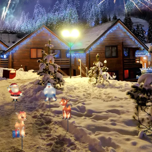 Hot Set of 4 Lighted Rudolph and Friends Christmas Pathway Markers - Clear Lights Lawn Stakes