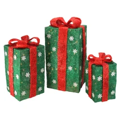 Hot Set of 3 Lighted Tall Green Gift Boxes with Red Bows Christmas Outdoor Decorations 18" Gifts & Bows