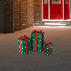 Hot Set of 3 Lighted Tall Green Gift Boxes with Red Bows Christmas Outdoor Decorations 18" Gifts & Bows