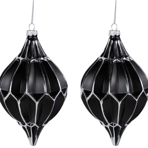 Online Set of 2 Matte Black and Silver Finial Christmas Glass Ornaments 5" Finials|Pendants