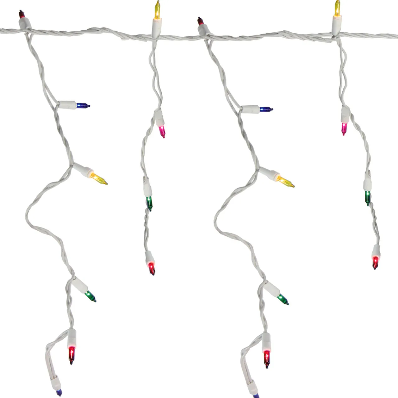 Hot Set of 150 Multi-Color Mini Icicle Christmas Lights 3" Spacing - White Wire Icicles