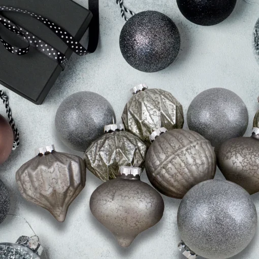 Hot Set of 12 Neutral Tone Finial and Glass Ball Christmas Ornaments Glass|Ball Ornaments
