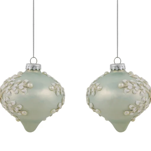 New Set of 2 Pastel Green with Icy Snowflakes Christmas Glass Onion Ornaments 4" Icicles|Snowflakes