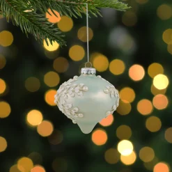 New Set of 2 Pastel Green with Icy Snowflakes Christmas Glass Onion Ornaments 4" Icicles|Snowflakes