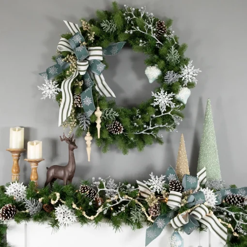 New Set of 2 Pastel Green with Icy Snowflakes Christmas Glass Onion Ornaments 4" Icicles|Snowflakes