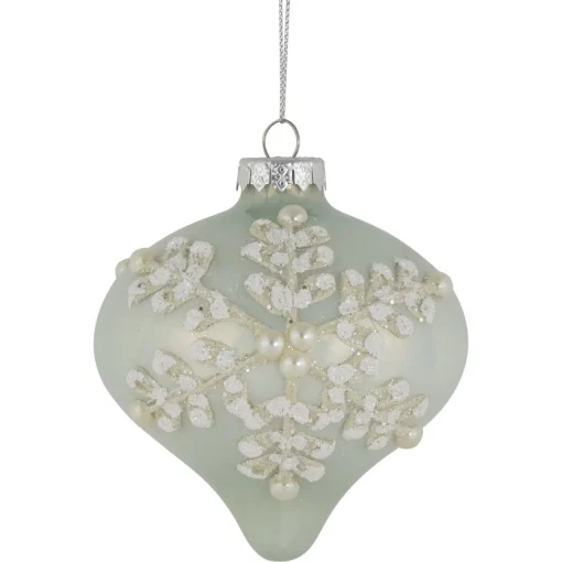New Set of 2 Pastel Green with Icy Snowflakes Christmas Glass Onion Ornaments 4" Icicles|Snowflakes