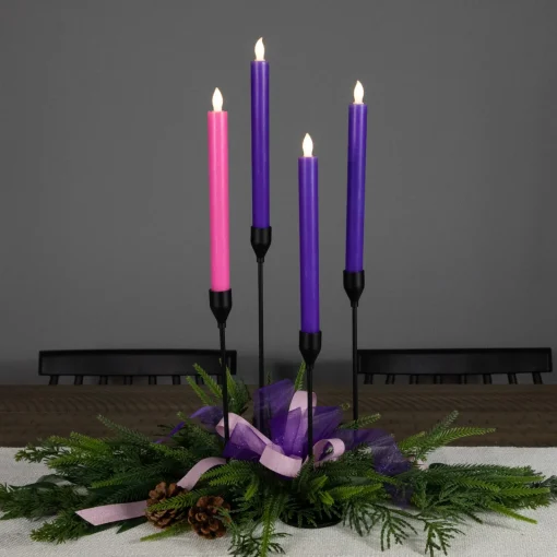 New Set of 4 Purple and Pink Flickering LED Christmas Advent Wax Taper Candles 9.5" Advent Calendars