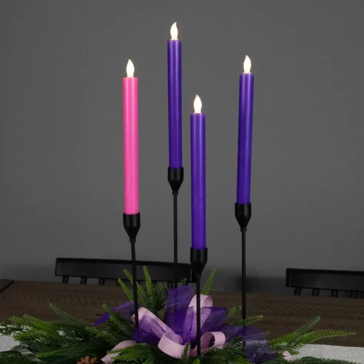 New Set of 4 Purple and Pink Flickering LED Christmas Advent Wax Taper Candles 9.5" Advent Calendars