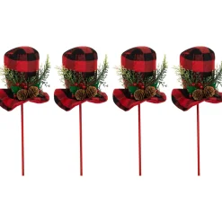 Clearance Set of 4 Red and Black Plaid Plush Winter Hat Christmas Picks 15" Novelty