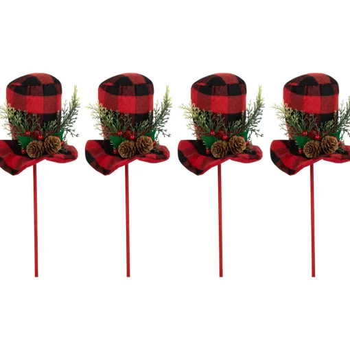 Clearance Set of 4 Red and Black Plaid Plush Winter Hat Christmas Picks 15" Novelty