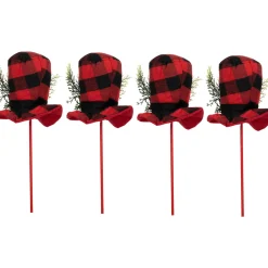 Clearance Set of 4 Red and Black Plaid Plush Winter Hat Christmas Picks 15