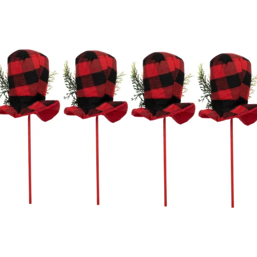 Clearance Set of 4 Red and Black Plaid Plush Winter Hat Christmas Picks 15" Novelty
