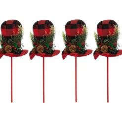 Clearance Set of 4 Red and Black Plaid Plush Winter Hat Christmas Picks 15