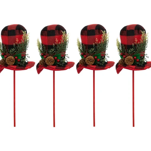 Clearance Set of 4 Red and Black Plaid Plush Winter Hat Christmas Picks 15" Novelty