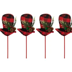 Clearance Set of 4 Red and Black Plaid Plush Winter Hat Christmas Picks 15