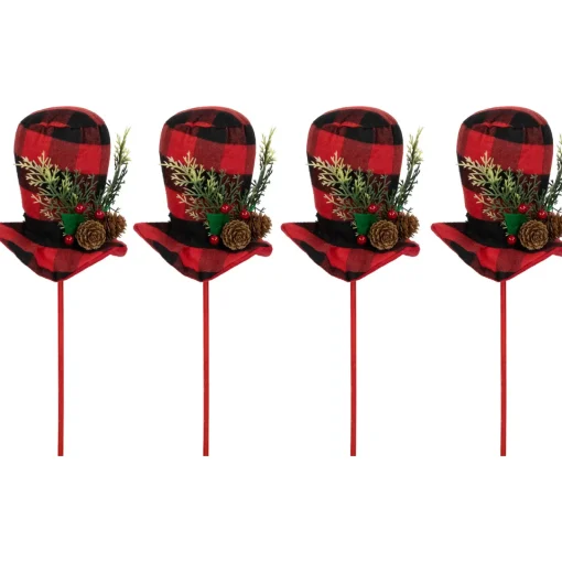 Clearance Set of 4 Red and Black Plaid Plush Winter Hat Christmas Picks 15" Novelty