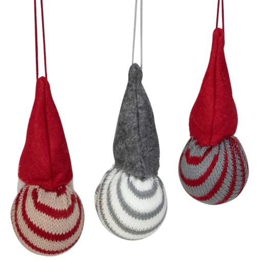 Hot Set of 3 Red and Gray Santa Gnome Christmas Ornaments 4.75" Gnomes