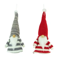 Online Set of 2 Red and Gray Striped Gnome Plush Christmas Ornaments 6.25" Gnomes
