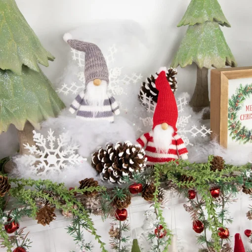 Online Set of 2 Red and Gray Striped Gnome Plush Christmas Ornaments 6.25" Gnomes