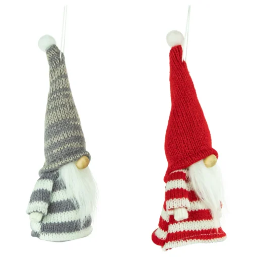 Online Set of 2 Red and Gray Striped Gnome Plush Christmas Ornaments 6.25" Gnomes
