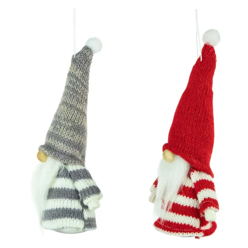 Online Set of 2 Red and Gray Striped Gnome Plush Christmas Ornaments 6.25" Gnomes