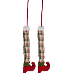 Online Set of 2 Red and Green Plaid Plush Elf Leg Christmas Picks 30