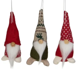 New Set of 3 Red and Green Santa Gnome Christmas Ornament 4.25" Gnomes