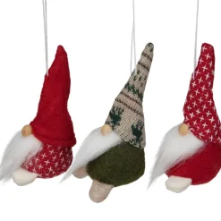 New Set of 3 Red and Green Santa Gnome Christmas Ornament 4.25" Gnomes