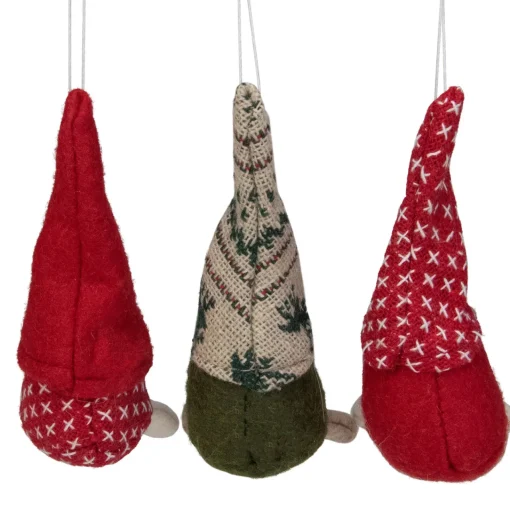 New Set of 3 Red and Green Santa Gnome Christmas Ornament 4.25" Gnomes