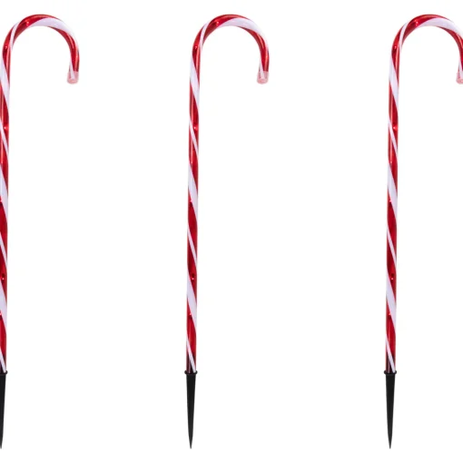 New Set of 3 Red and White Twinkle Candy Cane Pathway Markers 26" Lawn Stakes