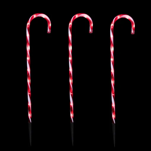 New Set of 3 Red and White Twinkle Candy Cane Pathway Markers 26" Lawn Stakes