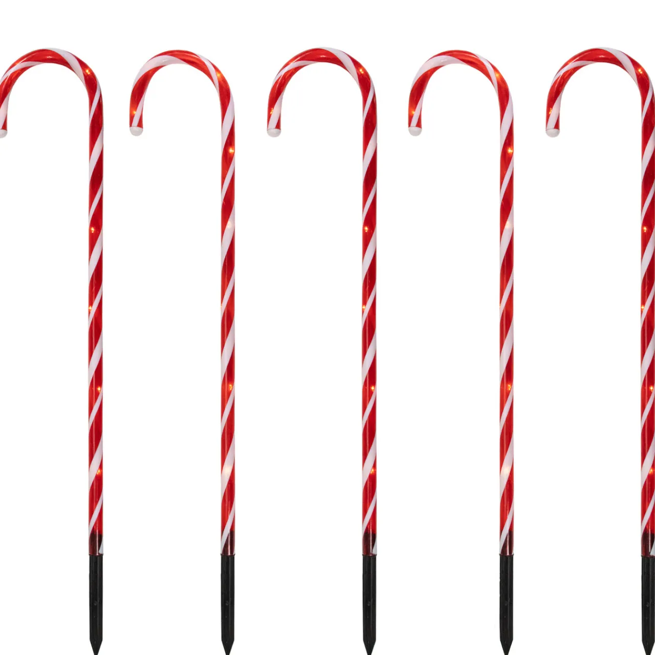 Set of 5 Red Lighted Candy Cane Christmas Lawn Stakes 28" - Battery Operated Lawn Stakes