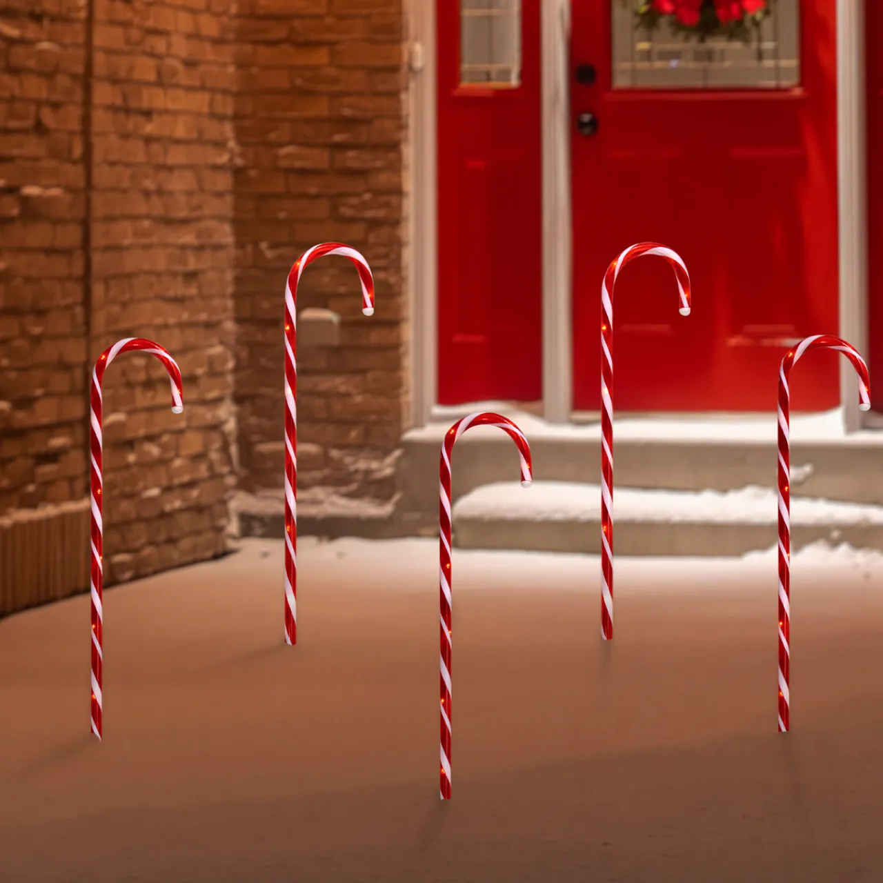 Set of 5 Red Lighted Candy Cane Christmas Lawn Stakes 28" - Battery Operated Lawn Stakes