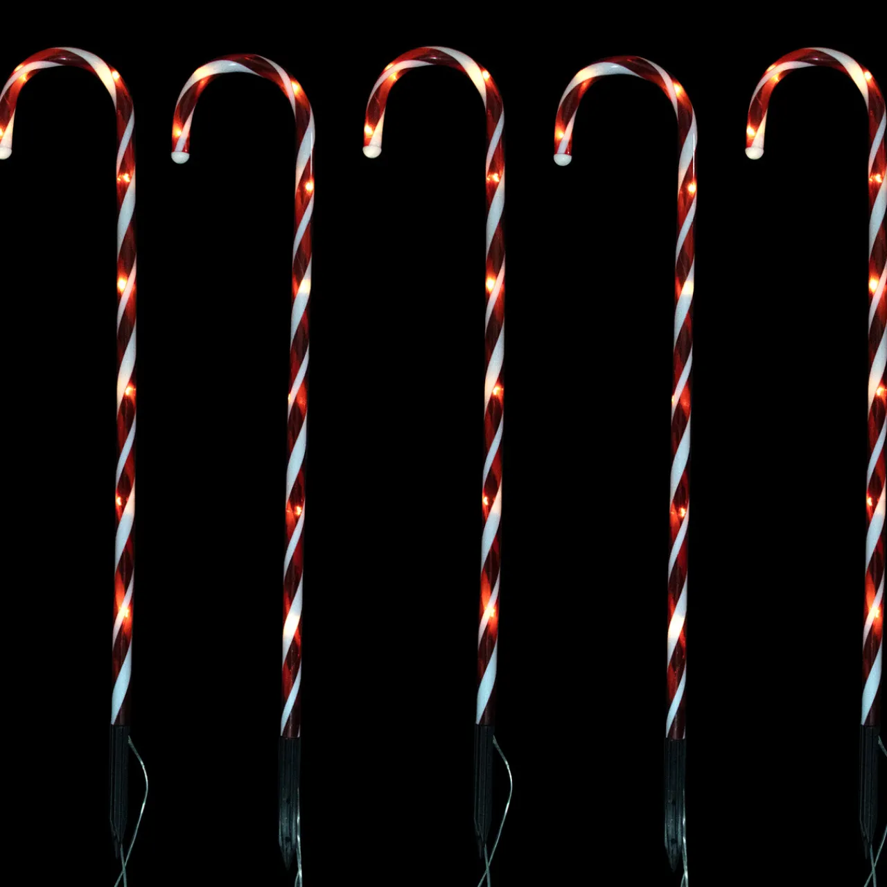 Set of 5 Red Lighted Candy Cane Christmas Lawn Stakes 28" - Battery Operated Lawn Stakes