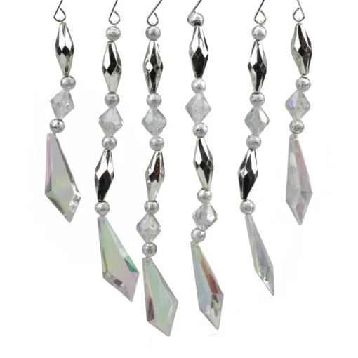New Set of 6 Silver and Clear Diamond Faceted Jewel Christmas Dangle Ornaments 7" Novelty