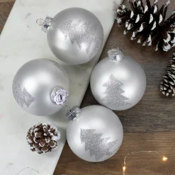 Clearance Set of 4 Silver Glass Ball Christmas Ornaments 3.25" (80mm) Glass|Ball Ornaments