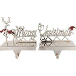 Set of 2 Silver Reindeer Merry Christmas Metal Stocking Holders 5.5" Stocking Holders