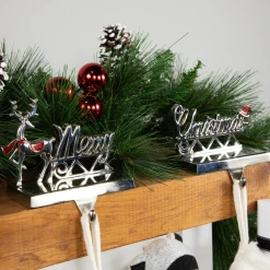 Set of 2 Silver Reindeer Merry Christmas Metal Stocking Holders 5.5" Stocking Holders