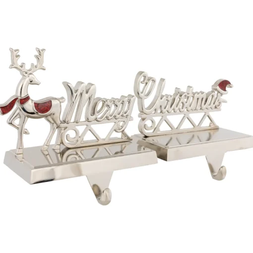 Set of 2 Silver Reindeer Merry Christmas Metal Stocking Holders 5.5" Stocking Holders