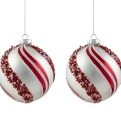 Outlet Set of 2 Silver with Red Glitter and Beads Striped Glass Christmas Ball Ornaments 4" Glass|Ball Ornaments