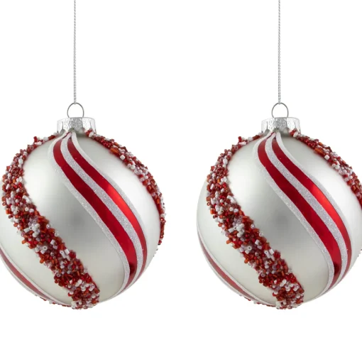 Outlet Set of 2 Silver with Red Glitter and Beads Striped Glass Christmas Ball Ornaments 4" Glass|Ball Ornaments