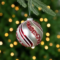 Outlet Set of 2 Silver with Red Glitter and Beads Striped Glass Christmas Ball Ornaments 4" Glass|Ball Ornaments