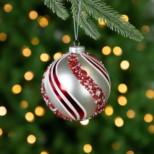 Outlet Set of 2 Silver with Red Glitter and Beads Striped Glass Christmas Ball Ornaments 4" Glass|Ball Ornaments