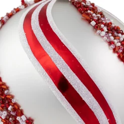Outlet Set of 2 Silver with Red Glitter and Beads Striped Glass Christmas Ball Ornaments 4