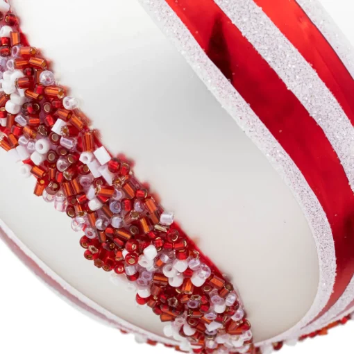 Outlet Set of 2 Silver with Red Glitter and Beads Striped Glass Christmas Ball Ornaments 4" Glass|Ball Ornaments